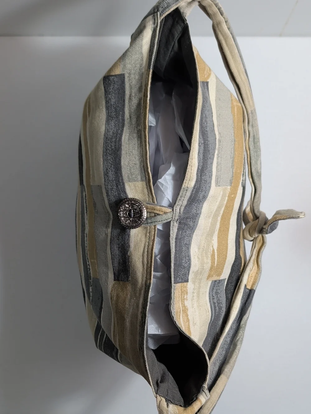 Neutral Block-Stripe Knotted Shoulder Bag